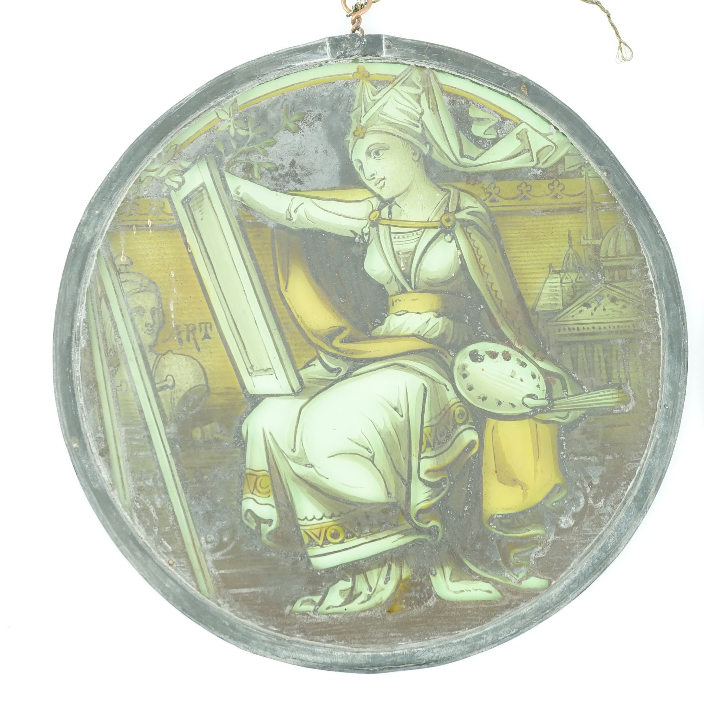 A pair of Victorian stained glass panels, 21.5cm diameter